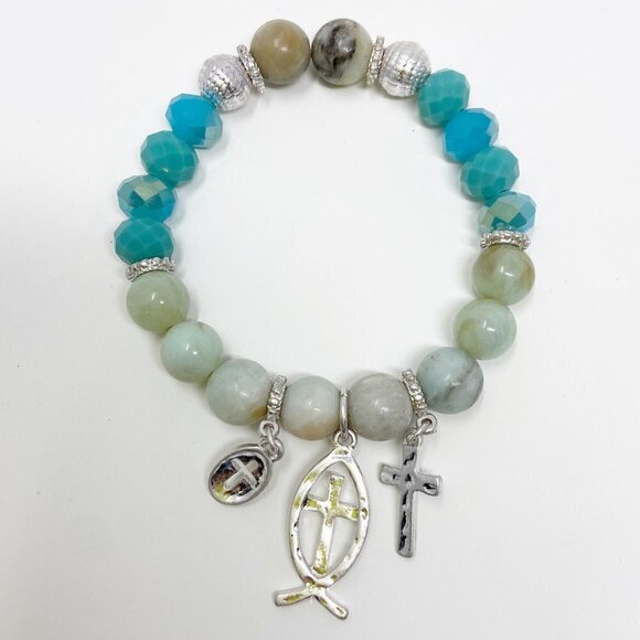 Blue Beaded Stretch Bracelet w/Cross, Fish Cross Ichthus Charms - Picture 1 of 4